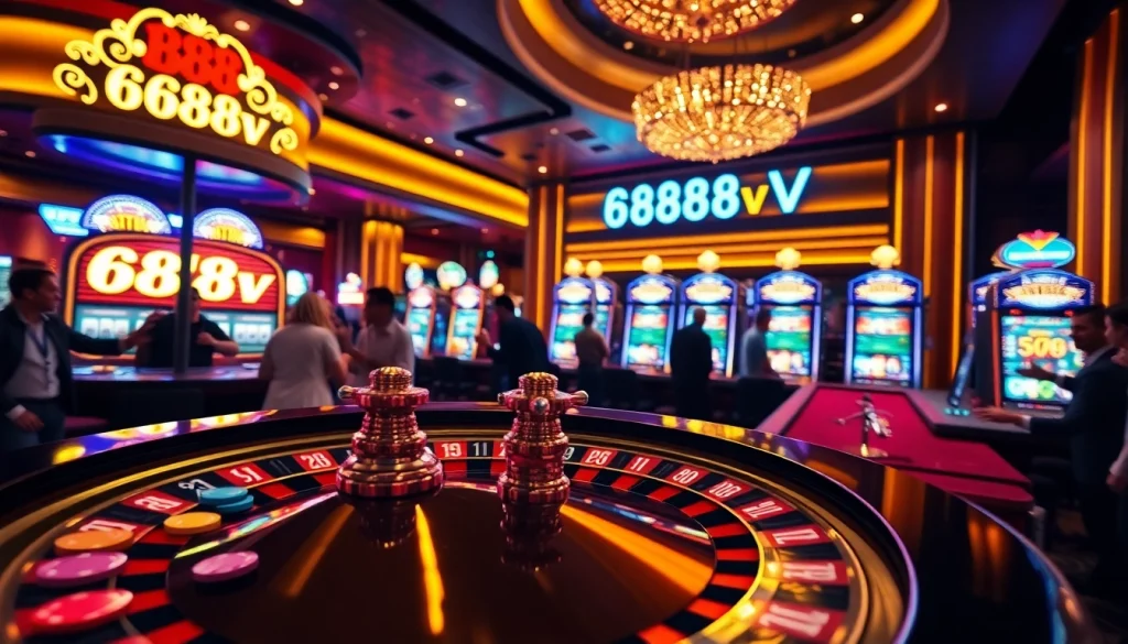 Experience the thrill of 688v casino with players betting on roulette and vibrant slot machines.