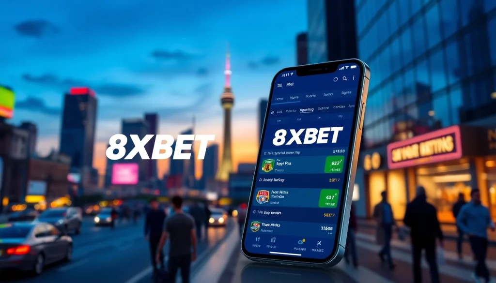 8XBET logo displayed on a modern smartphone amidst a vibrant city skyline, symbolizing online betting.