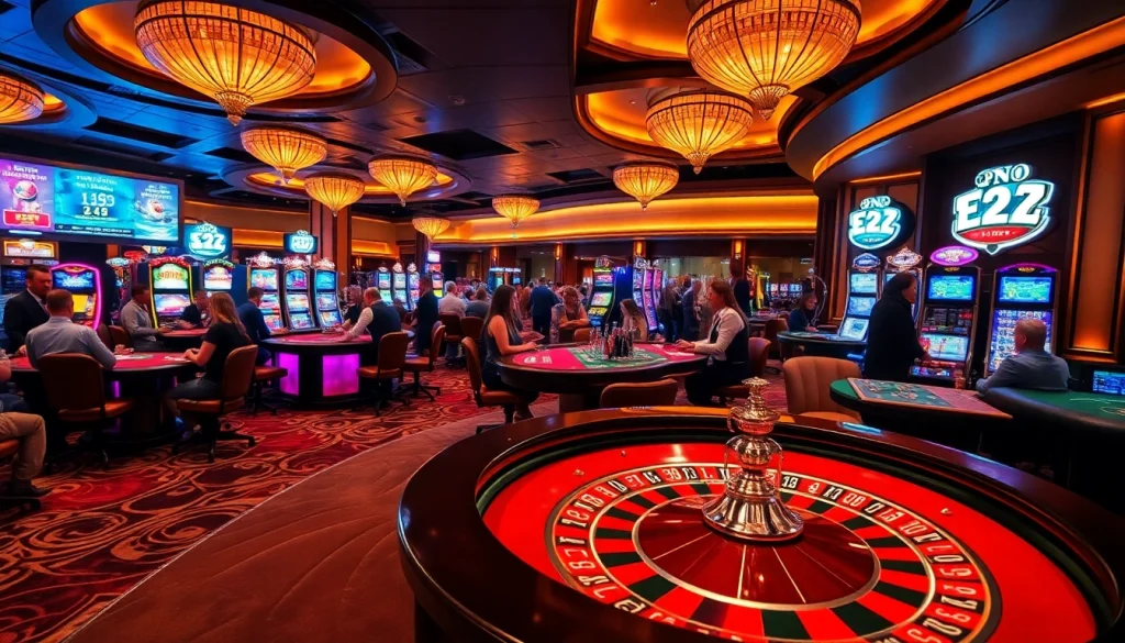 Experience the thrill of high-stakes gambling in a vibrant casino scene displaying E28-themed roulette and poker activities.