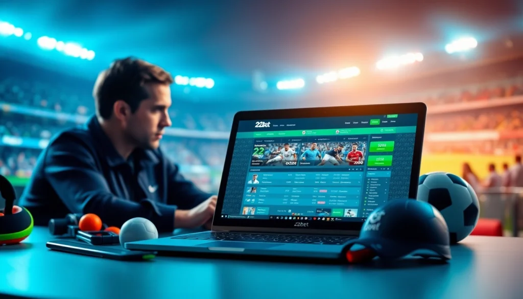 Engaged user betting on 22bet sportsbook with a dynamic sports backdrop.