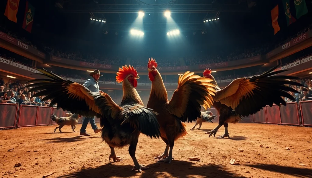 Cockfighting event at 69vn.rodeo showcasing intense action and expert handlers.