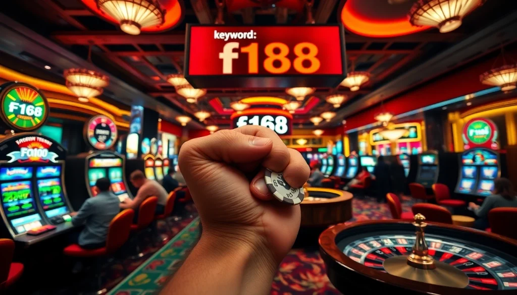 Celebrate big wins at f168 casino with exciting games, colorful slot machines, and lively players enjoying poker and roulette.