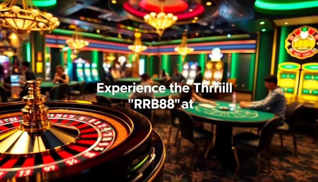 RR88 casino scene featuring an exciting roulette wheel, vibrant slot machines, and enthusiastic players at poker tables.