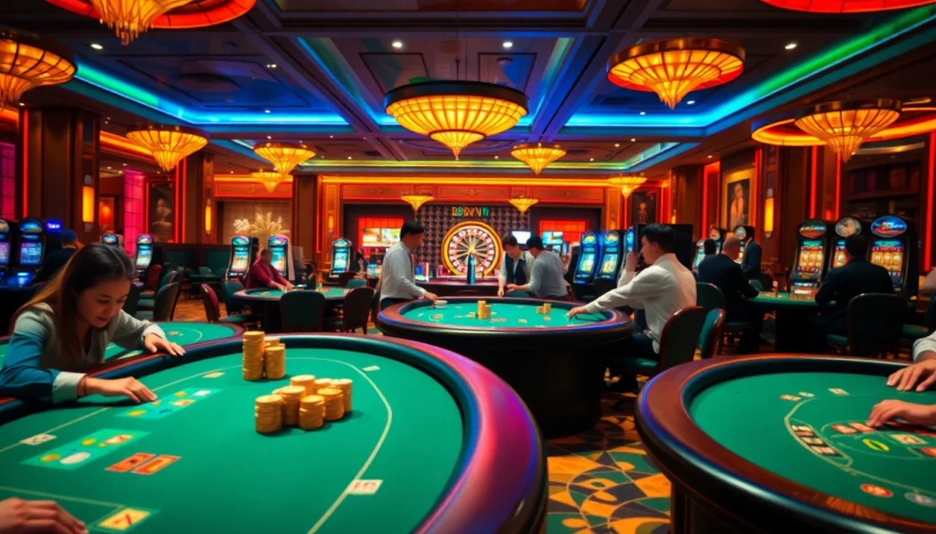 Players enjoying thrilling games at the 88VV casino floor, showcasing excitement and luxury in gambling.