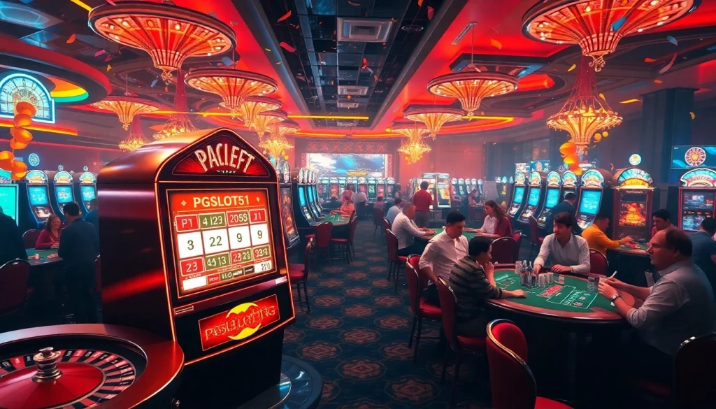 PGSLOT51 slot machine attracts enthusiastic players at a vibrant casino table, showcasing the excitement of winning.