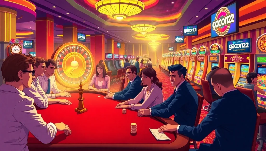 Gamblers celebrating their winnings at a poker table in a vibrant casino setting featuring gacor123.
